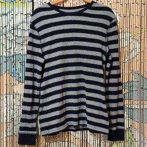 H&M Crew Neck Slim Fit Long Sleeve Waffle Knit Shirt, Blue & Grey Striped, M